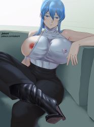 Rule 34 | 1girl, akame ga kill!, areola slip, bare shoulders, black pants, blue eyes, blue hair, boots, breasts, esdeath, female focus, high heel boots, high heels, highres, large breasts, looking at viewer, pale skin, pants, salazr44, shirt, sleeveless, sleeveless shirt, smile, solo, white shirt