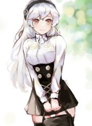 Rule 34 | 1girl, artist name, bag, black hairband, breasts, brown eyes, commentary, corrin (female) (fire emblem), corrin (fire emblem), english commentary, fire emblem, fire emblem: three houses, fire emblem fates, garreg mach monastery uniform, hairband, highres, holding, holding bag, long hair, looking at viewer, medium breasts, nintendo, paiiart, school uniform, signature, smile, solo, white hair
