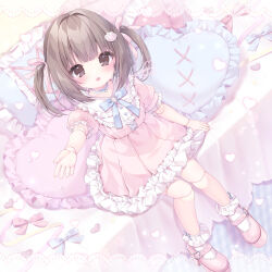 Rule 34 | 1girl, brown eyes, brown hair, doll joints, dress, from above, full body, hair ribbon, heart, heart-shaped pillow, highres, joints, medium hair, momochi chia, open mouth, original, paw hair ornament, pillow, pink dress, pink footwear, pink ribbon, ribbon, sitting, socks, two side up, white socks