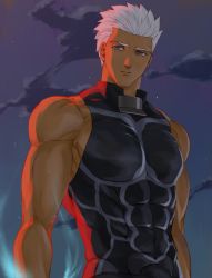 Rule 34 | 1boy, abs, alternate costume, archer (fate), armor, automney, bara, bare shoulders, breastplate, brown eyes, closed mouth, cloud, cloudy sky, covered abs, covered navel, dark-skinned male, dark skin, fate/grand order, fate/stay night, fate (series), gradient clothes, looking at viewer, male focus, manly, muscular, night, night sky, pectorals, revealing clothes, sky, sleeveless, solo, star (sky), tight clothes, toned, toned male, upper body, white hair
