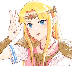 1girl armor blonde_hair blue_eyes circlet commentary_request dress earrings jewelry long_hair long_sleeves looking_at_viewer lower_teeth_only moi_(arararcrc) nintendo open_mouth pauldrons pink_dress pointy_ears princess_zelda short_sleeves shoulder_armor simple_background smile solo super_smash_bros. teeth the_legend_of_zelda the_legend_of_zelda:_a_link_between_worlds triforce_print two-tone_dress w white_background white_dress