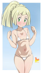 Rule 34 | 1girl, artist name, bikini, blonde hair, blue background, blush, border, braid, clenched hands, closed mouth, collarbone, commentary request, cowboy shot, creatures (company), eyelashes, game freak, green eyes, hands up, highres, lillie (pokemon), long hair, metaminegl, micro bikini, navel, nintendo, pokemon, pokemon sm, ponytail, shiny skin, smile, solo, spanish commentary, swimsuit, white bikini, white border