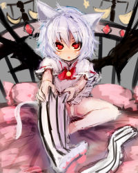 Rule 34 | 1girl, :o, animal ears, ascot, bed, blush, cat ears, cat girl, cat tail, female focus, gobou, gobou (gbu), kemonomimi mode, panties, pantyshot, red eyes, remilia scarlet, single thighhigh, sitting, slit pupils, solo, striped clothes, striped thighhighs, tail, thighhighs, thighhighs pull, touhou, underwear, vertical-striped clothes, vertical-striped thighhighs, white panties