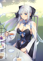 Rule 34 | 1girl, black bow, black dress, blue eyes, bow, braid, breasts, center opening, cleavage, dress, fate/grand order, fate (series), french braid, grey hair, hair bow, highres, large breasts, long hair, long sleeves, looking at viewer, morgan le fay (fate), nakaga eri, pelvic curtain, ponytail, sidelocks, smile, solo, two-tone dress, very long hair, white dress, wide sleeves