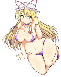 Rule 34 | 1girl, arm support, arms at sides, bad id, bad pixiv id, bare shoulders, bikini, blonde hair, blush, bow, breasts, choker, closed mouth, collarbone, curvy, groin, hair between eyes, hair bow, hand up, hat, hat ribbon, highleg, highleg bikini, huge breasts, legs together, light smile, long hair, looking to the side, mob cap, navel, pink ribbon, plump, purple bikini, purple choker, purple eyes, purple footwear, red bow, ribbon, shiny skin, shoes, sidelocks, simple background, sitting, smile, solo, swimsuit, thick thighs, thigh gap, thighs, touhou, very long hair, wedge (tyrl stride), white background, white hat, wide hips, yakumo yukari