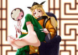 Rule 34 | 1girl, absurdres, bare legs, barefoot, black headwear, blonde hair, chair, constellation, drum, feet, floating, floating object, foot focus, hat, highres, instrument, long hair, long sleeves, looking at viewer, matara okina, no shoes, oirin, sitting, smile, soles, tabard, tate eboshi, toes, touhou, wide sleeves, yellow eyes