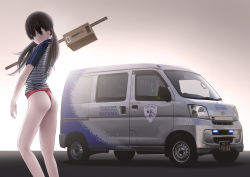 Rule 34 | 1girl, ass, bad id, bad pixiv id, black eyes, black hair, car, chikuwa (glossymmmk), chikuwa (odennabe), daihatsu, delivery, highres, loincloth, long hair, microvan, motor vehicle, simple background, solo, standing, twintails, uniform, van, white background, window