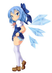 Rule 34 | 1girl, amau (kosmos), ass, blue eyes, blue hair, blush, bow, breasts, cirno, clothes lift, dress, dress lift, fairy, female focus, full body, hair bow, ice, looking back, matching hair/eyes, open mouth, panties, short hair, simple background, small breasts, solo, striped clothes, striped panties, thighhighs, touhou, underwear, white background, white thighhighs