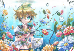 Rule 34 | 1boy, air bubble, beamed eighth notes, belt, blonde hair, blue eyes, bubble, cable, crossed arms, eighth note, flower, hand up, headphones, hekicha, highres, holding, holding flower, kagamine len, leaf, looking at viewer, male focus, musical note, navel, petals, puffy short sleeves, puffy sleeves, sailor collar, shirt, short sleeves, submerged, sunlight, treble clef, underwater, upper body, vocaloid, water surface, white shirt
