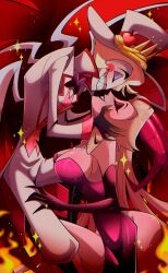 1boy 1girl absurdres blonde_hair chandllucky couple demon_boy demon_girl dress face-to-face hair_slicked_back hazbin_hotel highres husband_and_wife lilith_(hazbin_hotel) long_hair lucifer_morningstar_(hazbin_hotel) purple_dress very_long_hair