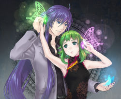 Rule 34 | 1boy, 1girl, bad id, bad pixiv id, blue eyes, butterfly wings, china dress, chinese clothes, couple, dress, green eyes, green hair, gumi, headphones, hetero, insect wings, kamui gakupo, long hair, magnet (vocaloid), ohse, purple hair, short hair, vocaloid, wings