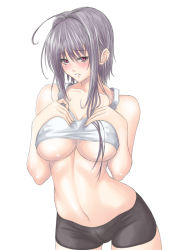 Rule 34 | 1girl, ahoge, bike shorts, blush, breast suppress, breasts, cowboy shot, grey hair, large breasts, long hair, muffin (sirumeria), navel, original, parted lips, purple eyes, simple background, solo, tank top, underboob, white background