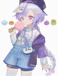 Rule 34 | 1girl, 750x077, :3, absurdres, backwards hat, baseball cap, black hat, black jacket, black nails, blue overalls, blue shorts, blush, bow, buttons, closed mouth, coin hair ornament, commentary, cowboy shot, earrings, eyelashes, fingernails, food, fruit, genshin impact, hair between eyes, hair bow, hair ornament, hand up, hat, highres, holding, holding food, holding popsicle, hood, hood down, hooded jacket, jacket, jewelry, layered sleeves, long hair, long sleeves, looking at viewer, mandarin collar, nail polish, off shoulder, official alternate costume, open clothes, open jacket, overall shorts, overalls, paper, paper on head, paperclip, parted bangs, peach, pink bow, popsicle, purple eyes, purple hair, purple sleeves, qiqi (genshin impact), qiqi (suibian) (genshin impact), shirt, short over long sleeves, short shorts, short sleeves, shorts, sidelocks, simple background, slime (genshin impact), smile, solo, standing, star (symbol), sticker, symbol-only commentary, thighhighs, very long hair, white background, white shirt, white thighhighs