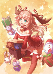 Rule 34 | &gt; &lt;, 1girl, :d, animal ears, antlers, bare shoulders, bell, boots, box, breasts, brown hair, christmas, cleavage, closed eyes, collar, deer tail, detached collar, dress, gift, gift box, gradient background, green eyes, hair ribbon, horns, kaku-san-sei million arthur, leaning forward, long hair, million arthur (series), neck bell, open mouth, original, red dress, ribbon, smile, standing, standing on one leg, star (symbol), stuffed toy, tail, yellowpaint.