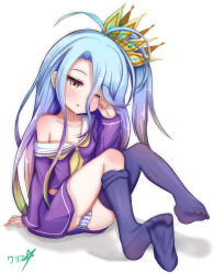 Rule 34 | 1girl, absurdres, blush, boppin, cameltoe, feet, gradient hair, highres, long hair, looking at viewer, multicolored hair, no game no life, one eye closed, panties, pantyshot, parted lips, shiro (no game no life), side ponytail, soles, striped clothes, striped panties, toes, underwear