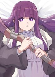 Rule 34 | 1girl, black coat, blunt bangs, breasts, coat, collar, commentary request, dress, fern (sousou no frieren), frilled collar, frills, highres, holding, holding staff, long hair, looking at viewer, medium breasts, parted lips, purple eyes, purple hair, purple pupils, ryoha kosako, sidelocks, solo, sousou no frieren, staff, straight hair, white dress
