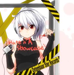 Rule 34 | 1girl, against glass, album cover, bare shoulders, breasts, caution tape, cover, digital media player, elbow gloves, fingerless gloves, gloves, headphones, highres, long hair, marker, original, caution tape, ponytail, red eyes, silver hair, sleeveless, smile, solo, wk (low-f)