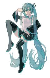 Rule 34 | 1girl, adjusting clothes, adjusting necktie, aqua eyes, aqua hair, aqua nails, aqua necktie, bare shoulders, black footwear, black skirt, boots, commentary, deep (deep4946), detached sleeves, full body, hatsune miku, highres, invisible chair, long hair, looking at viewer, nail polish, necktie, pleated skirt, shirt, shoulder tattoo, simple background, sitting, skirt, sleeveless, sleeveless shirt, solo, tattoo, thigh boots, twintails, very long hair, vocaloid, white background, white shirt