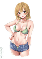 Rule 34 | 1girl, bandaid, bandaid on face, bare arms, bare shoulders, bikini, blue shorts, blush, brown eyes, collarbone, cowboy shot, cropped legs, ebifurya, green bikini, hair between eyes, highres, kantai collection, light brown hair, navel, oboro (kancolle), one-hour drawing challenge, open fly, open mouth, short hair, shorts, simple background, smile, solo, swimsuit, twitter username, white background