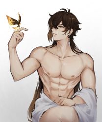 Rule 34 | 1boy, abs, brown hair, bug, butterfly, collarbone, earrings, genshin impact, highres, insect, jewelry, long hair, nokkusuart, pectorals, single earring, solo, topless male, white background, zhongli (genshin impact)