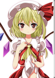 Rule 34 | 1girl, blonde hair, blush, brown eyes, clothes lift, fake scrollbar, fang, female focus, flandre scarlet, hand on own chest, hat, hat ribbon, highres, looking at viewer, ma-yu, no panties, puffy sleeves, ribbon, shirt, short sleeves, side ponytail, skirt, skirt lift, skirt set, solo, touhou, vest, wings