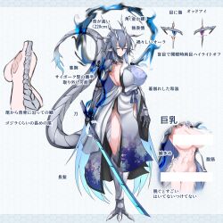 Rule 34 | 1girl, absurdres, bar censor, blue eyes, blue hair, breasts, censored, character sheet, chinese zodiac, claws, closed eyes, dragon, dragon claw, dragon girl, dragon horns, dragon tail, g (genesis1556), grey hair, heterochromia, highres, holding, holding sword, holding weapon, horns, japanese clothes, kimono, large breasts, mechanical arms, monster girl, multicolored hair, multiple scars, multiple views, no panties, original, pointy ears, prosthesis, prosthetic arm, purple eyes, scales, scar, scar across eye, shark, sideboob, single mechanical arm, solo, sword, tail, two-tone hair, weapon, year of the dragon