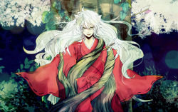 Rule 34 | 1boy, androgynous, animal ears, arrow (projectile), demon boy, dog ears, floating hair, hj1896, inuyasha, inuyasha (character), japanese clothes, leaf, long hair, male focus, open mouth, plant, sleeves past wrists, slit pupils, solo, tree, vines, wide sleeves, yellow eyes