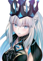 Rule 34 | 1girl, aora, bare shoulders, black bow, black dress, black veil, blue eyes, blue lips, blush, bow, braid, breasts, cleavage, crown, dress, fate/grand order, fate (series), grey hair, hair between eyes, hair bow, half up braid, highres, large breasts, long hair, looking at viewer, morgan le fay (fate), morgan le fay (queen of winter) (fate), open mouth, ponytail, sidelocks, solo, veil, very long hair