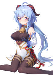 Rule 34 | 1girl, absurdres, ahoge, bare shoulders, bell, black gloves, black legwear, blue hair, blush, grabbing another&#039;s breast, breasts, covered erect nipples, covered navel, detached sleeves, ganyu (genshin impact), genshin impact, gloves, gold trim, grabbing, grabbing own breast, highres, horns, large breasts, long hair, neck bell, nose blush, purple eyes, sidelocks, simple background, sitting, smile, solo, very long hair, vision (genshin impact), wariza, white background, white sleeves, yansuiyuluo