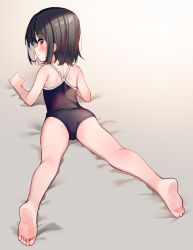 Rule 34 | 1girl, :o, absurdres, ass, bare arms, bare legs, bare shoulders, barefoot, bed sheet, black hair, black one-piece swimsuit, blush, commentary request, full body, hair between eyes, highres, looking at viewer, looking back, lying, meito (maze), on stomach, one-piece swimsuit, original, parted lips, red eyes, solo, swimsuit