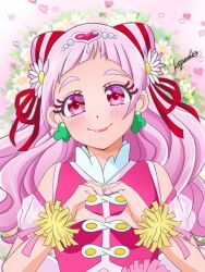 Rule 34 | 1girl, clover earrings, commentary request, cone hair bun, cure yell, detached sleeves, hair bun, hair ornament, heart, heart hair ornament, heart hands, hugtto! precure, kaguneko nyan, lipstick, long hair, makeup, nono hana, pink eyes, pink hair, precure, smile, solo, thick eyebrows, thick eyelashes