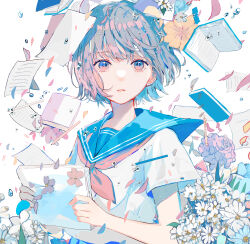 Rule 34 | 1girl, absurdres, blue flower, blue hair, blue sailor collar, book, brown hair, colored inner hair, daisy, expressionless, floating, floating object, flower, hagimorijia, highres, holding, holding paper, hydrangea, light particles, looking at viewer, multicolored hair, neckerchief, open book, original, paper, paperclip, parted lips, pen, pencil, petals, pink flower, red neckerchief, sailor collar, school uniform, serafuku, shirt, short hair, short sleeves, solo, straight-on, two-tone hair, upper body, water drop, white background, white flower, white shirt