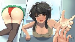 Rule 34 | 1girl, adapted costume, alternate costume, arm support, ass, ass focus, asuka (senran kagura), bare shoulders, beige shirt, black hair, blush, breast rest, breasts, brown thighhighs, casual, cleavage, collarbone, doppel (bonnypir), green skirt, hair ribbon, highres, large breasts, medium hair, miniskirt, multiple views, open mouth, orange eyes, outstretched hand, panties, pantyshot, ponytail, pov, pov hands, red panties, ribbon, senran kagura, signature, skirt, stuck, stuck in window, sweat, swept bangs, tank top, thick thighs, thighhighs, thighs, through window, underwear, upper body, white ribbon