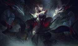 Rule 34 | 1girl, alex flores, bare shoulders, blonde hair, branch, breasts, bug, butterfly, claw (weapon), cleavage, closed mouth, collarbone, colored skin, commentary, coven evelynn, dark, english commentary, evelynn (league of legends), eyelashes, eyeshadow, fog, forest, half-closed eyes, highres, insect, large breasts, leaf, league of legends, looking at viewer, looking to the side, makeup, moonlight, nature, night, official alternate costume, official alternate hairstyle, official art, outdoors, pale skin, red butterfly, red eyes, shadow, smile, solo, standing, thighs, tree, weapon