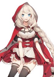 Rule 34 | 1girl, belt, black thighhighs, blue eyes, braid, braided ponytail, breasts, capelet, fate/grand order, fate (series), highres, hood, hooded capelet, little red riding hood, long hair, looking at viewer, marie antoinette (fate), marie antoinette (festival outfit) (fate), no-kan, official alternate costume, open mouth, ribbon, silver hair, simple background, skirt, solo, thighhighs, white background