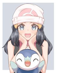 Rule 34 | 1girl, :d, arms up, beanie, blue background, blue eyes, blue hair, border, creatures (company), dawn (pokemon), elbow rest, eyelashes, game freak, gen 4 pokemon, hair ornament, happy, hat, head rest, highres, looking at viewer, nintendo, open mouth, piplup, pokemon, pokemon (creature), pokemon dppt, scarf, sleeveless, smile, teeth, uji (966qrr), upper teeth only, white headwear