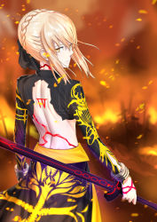 Rule 34 | 1girl, artoria pendragon (all), artoria pendragon (fate), backless outfit, black bow, blonde hair, bow, cosplay, emiya alter, emiya alter (cosplay), excalibur morgan (fate), fate/grand order, fate (series), from behind, hair between eyes, hair bow, highres, holding, holding sword, holding weapon, long hair, outdoors, saber alter, short hair with long locks, sidelocks, skirt, solo, standing, sword, tafuu (tortafu), weapon, yellow eyes
