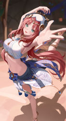 Rule 34 | 1girl, :d, aqua eyes, arms up, bare arms, bare shoulders, blue bow, blue nails, blue skirt, blush, bow, breasts, brooch, circlet, crop top, dancer, dancing, floating hair, genshin impact, gladiator sandals, gold footwear, gold trim, harem outfit, highres, horns, jewelry, leg up, long hair, medium breasts, nail polish, navel, neck ring, nilou (genshin impact), no detached sleeves, open mouth, outstretched hand, red hair, sandals, shadow, shirt, sideboob, sidelocks, skirt, sleeveless, smile, solo, standing, standing on one leg, starblue, stomach, twintails, veil, vision (genshin impact), white shirt