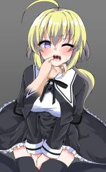 Rule 34 | 1boy, 1girl, absurdres, ahoge, amano soraha, assault lily, between legs, black ribbon, black skirt, black thighhighs, blonde hair, blue eyes, blush, breasts, bright pupils, buttons, commentary request, cropped jacket, disembodied hand, finger in another&#039;s mouth, frilled skirt, frills, grey background, hair between eyes, hand between legs, hand on another&#039;s chin, hetero, high-waist skirt, highres, juliet sleeves, knees together feet apart, long hair, long sleeves, looking at viewer, low ponytail, medium breasts, neck ribbon, one eye closed, open mouth, ponytail, puffy sleeves, ribbon, saliva, school uniform, shirt, simple background, sitting, skirt, solo focus, sweatdrop, teeth, thighhighs, upper teeth only, white pupils, white shirt, ya-man, yurigaoka girls academy school uniform, zettai ryouiki