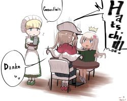 Rule 34 | 3girls, ^^^, alternate costume, apron, blonde hair, blue eyes, blunt bangs, capelet, chair, dress, enmaided, flower, flying sweatdrops, full body, german text, graf zeppelin (kancolle), green dress, green footwear, hair flower, hair ornament, hat, highres, hitokoe, kantai collection, long hair, maid, maid apron, maid headdress, mary janes, military, military uniform, multiple girls, no socks, peaked cap, ro-500 (kancolle), shin&#039;you (kancolle), shoes, sidelocks, simple background, sitting, speech bubble, spoken sweatdrop, standing, surprised, sweatdrop, table, tan, translated, twintails, uniform, white background