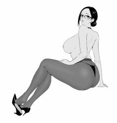 Rule 34 | 1girl, arm support, ass, bare arms, bare shoulders, bobobong, breasts, butt crack, commentary, earrings, from side, full body, glasses, greyscale, hair bun, high heels, highres, jewelry, large breasts, lips, looking at viewer, monochrome, nipples, original, panties, panties under pantyhose, pantyhose, parted bangs, parted lips, sideboob, simple background, single hair bun, sitting, solo, underwear, white background