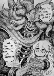 Rule 34 | 1other, absurdres, character doll, character request, chronozbergh, commentary, demon, doll, elden ring, english commentary, english text, fumo (doll), greyscale, highres, holding, holding doll, looking at viewer, miquella (elden ring), monochrome, sharp teeth, solo, speech bubble, teeth, traditional media, upper body