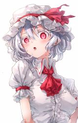 Rule 34 | 1girl, :o, ascot, blue hair, collared shirt, darjeeling (reley), eyelashes, frilled sleeves, frills, hat, hat ribbon, highres, looking at viewer, messy hair, mob cap, open mouth, puffy short sleeves, puffy sleeves, red ascot, red eyes, remilia scarlet, revision, ribbon, shirt, short hair, short sleeves, simple background, solo, touhou, upper body, white background, white hat, white shirt, wing collar