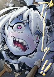 Rule 34 | 10s, 1girl, abyssal ship, breasts, brushing, highres, hood, kabeu mariko, kantai collection, md5 mismatch, open mouth, pale skin, personification, purple eyes, re-class battleship, scarf, sharp teeth, short hair, silver hair, smile, solo, tears, teeth, tickle torture, tickling, tickling breasts