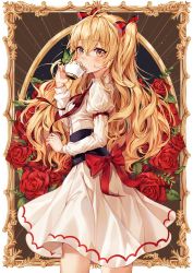 Rule 34 | 1girl, ahoge, black bow, blonde hair, blush, bow, breasts, brown eyes, bug, butterfly, character request, copyright request, cup, dress, drinking, flower, from side, hair bow, hair ornament, highres, holding, insect, long hair, long sleeves, medium breasts, multicolored bow, red bow, red flower, red neckwear, red ribbon, red rose, ribbon, rose, short twintails, solo, standing, teacup, ttosom, twintails, two side up, very long hair, white dress, yellow eyes