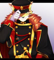 Rule 34 | adjusting clothes, adjusting headwear, body fur, fur trim, furry, furry male, gloves, green eyes, hat, highres, hita, looking at viewer, male focus, military, military hat, military uniform, ose (housamo), simple background, smile, solo, standing, tokyo houkago summoners, uniform, upper body, white gloves