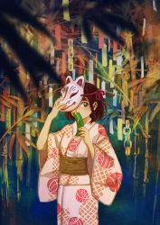 Rule 34 | 1girl, black hair, brown sash, covering own mouth, fox mask, hands up, holding tanzaku, japanese clothes, kimono, leaf, mask, monaka (siromona), obi, one eye covered, original, plant, print kimono, sash, short hair, solo, tanabata, tanzaku, upper body, yukata