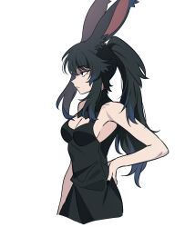Rule 34 | 1girl, absurdres, animal ears, armpits, black dress, black eyes, black hair, breasts, cleavage, cleavage cutout, closed mouth, clothing cutout, cropped legs, dress, eyebrows hidden by hair, final fantasy, final fantasy xiv, from side, hair between eyes, hand on own hip, highres, kiliko-san, long bangs, long hair, looking ahead, medium breasts, multicolored hair, nail polish, ponytail, rabbit ears, simple background, solo, streaked hair, viera, warrior of light (ff14), white background