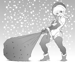 Rule 34 | 1girl, alternate breast size, bell, bikini, boots, braid, braided ponytail, breasts, christmas, cleavage, collar, curvy, elbow gloves, facing viewer, full body, genderswap, genderswap (mtf), gift bag, gloves, gradient background, greyscale, hat, jingle bell, large breasts, looking at viewer, micro bikini, monochrome, navel, neck bell, outdoors, ranma-chan, ranma 1/2, santa bikini, santa hat, saotome ranma, short braid, side-tie bikini bottom, simple background, single braid, smile, snowing, solo, standing, swimsuit, thighhighs, underboob, yashiro a. marino, yashiro marino