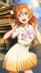 Rule 34 | 1girl, a song for you! you? you!, artist name, artist request, blue eyes, blush, corsetman, dress, female focus, hair between eyes, hands up, highres, kosaka honoka, looking at viewer, love live!, love live! school idol project, medium hair, neckerchief, one side up, open mouth, orange hair, pink neckerchief, short dress, side ponytail, smile, solo, white dress